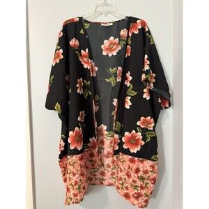 Speed Limit Open Poncho Kimono Women Plus 2X Black Pink Floral Dolman Sleeves
